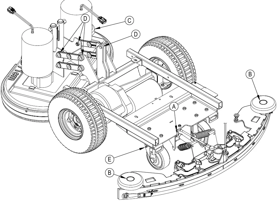 View of the scrub deck and chassis with lubrication points labeled: squeegee linkage pivot points (A), squeegee tool end wheels (B), scrub deck bumper wheel (C), brush linkage pivot points (D) and rear caster wheel swivel (E)