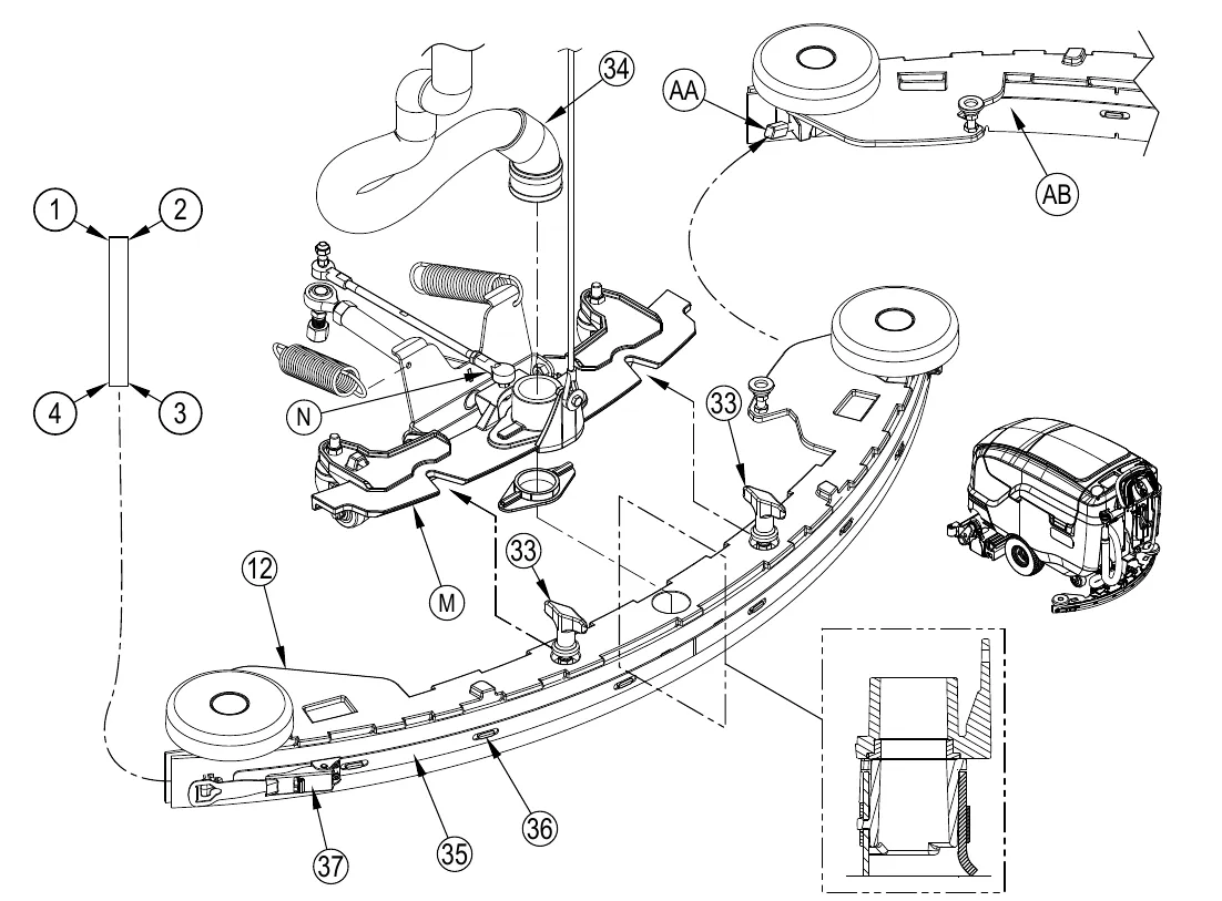 Exploded view of the squeegee tool showing the squeegee assembly (12), thumb nuts (33), recovery hose (34), tension straps (35 and AB), alignment pins (36), rear blade removal latch (37), front blade removal knob (AA), mount bracket (M), turnbuckle assembly (N), and the four working edges of a blade numbered 1 to 4