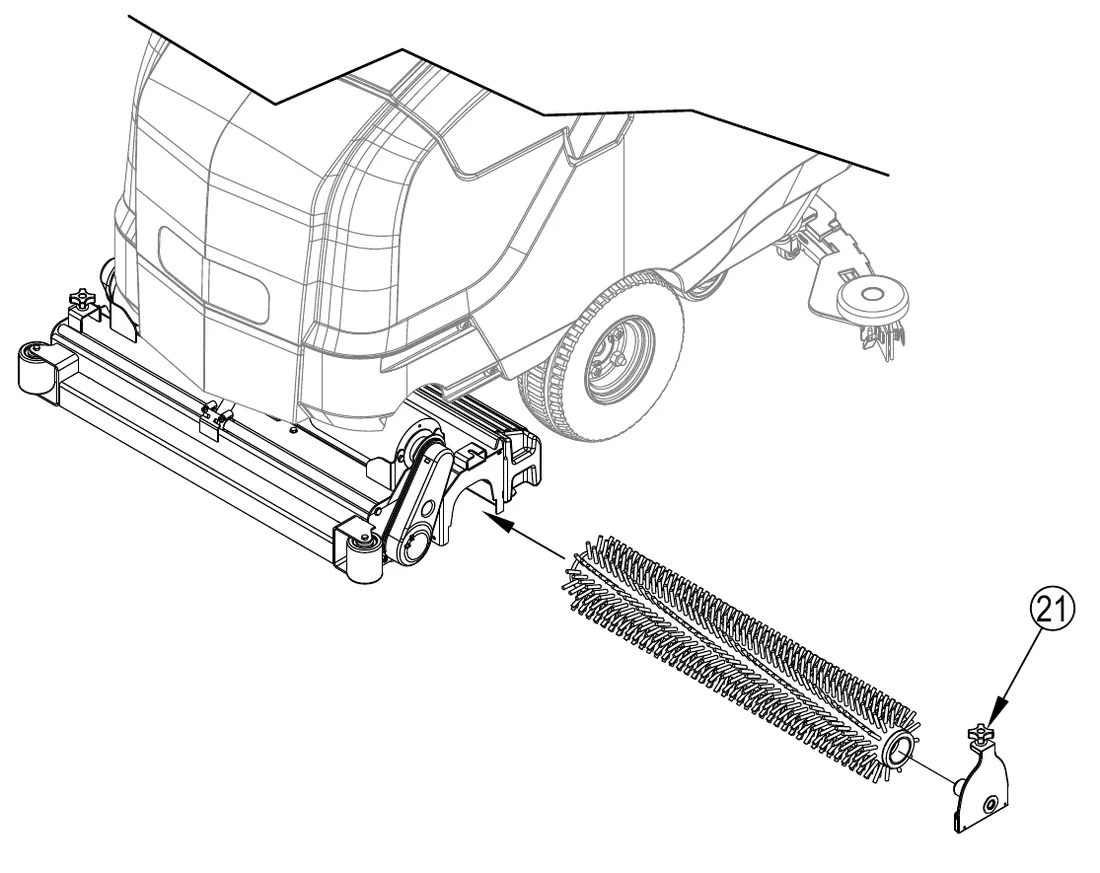Drawing of a cylindrical-model machine with the idler assembly (21) removed from the right end of the brush housing and a cylindrical brush being slid into the housing