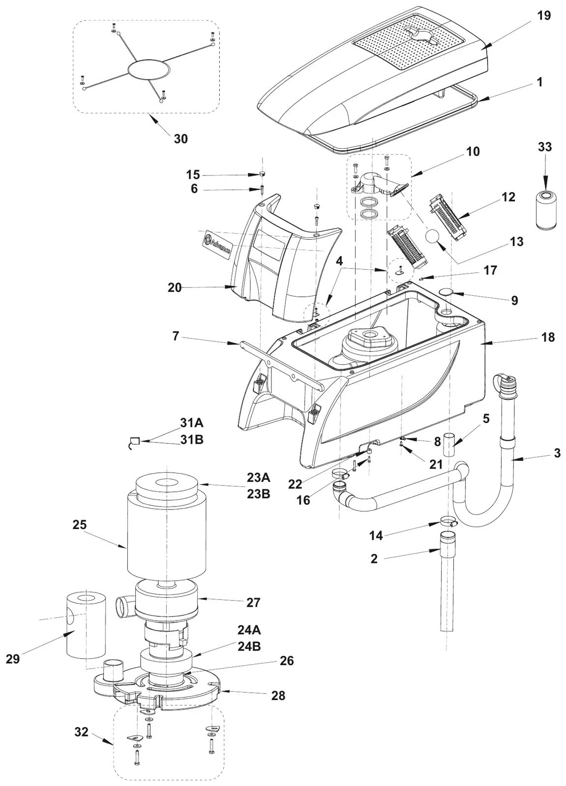 Advance Adfinity 20D / X20D / X20C / X24D recovery tank drawing, manual page 6