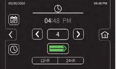 Date and time screen showing 04:48 PM with date and time buttons, decrease and increase buttons, an enter button and 12HR / 24HR choices