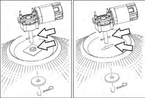 Two drawings of the side brush hub with arrows showing the channel in the brush lining up with the two brush locks on the hub