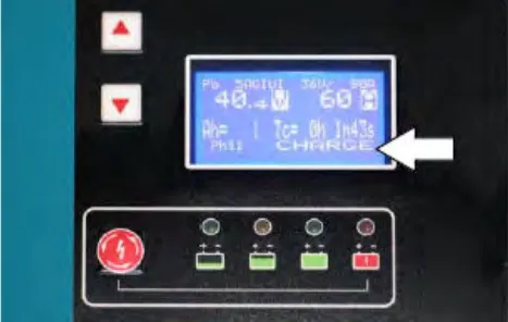 Charger front panel with an arrow pointing to the default CHARGE screen and four status indicator lights
