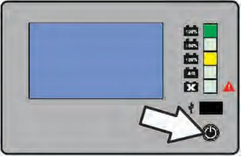 Charger panel with an arrow pointing to the pause button, with the green and yellow lights lit
