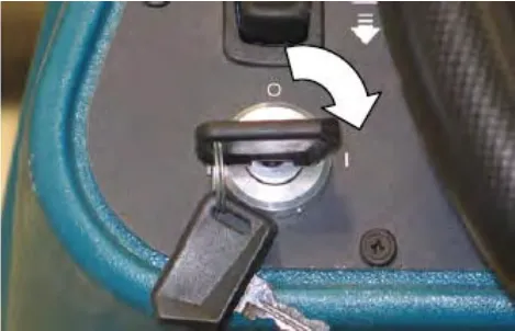 Key switch with a curved arrow showing the key turned clockwise to the ON position