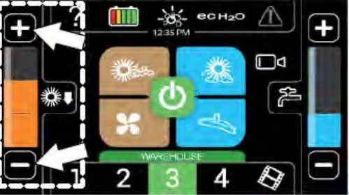 Pro-Panel with arrows pointing at the brush pressure increase and decrease buttons on the left