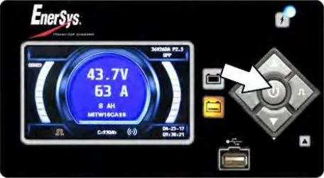 EnerSys charger front panel with an arrow pointing to the power button