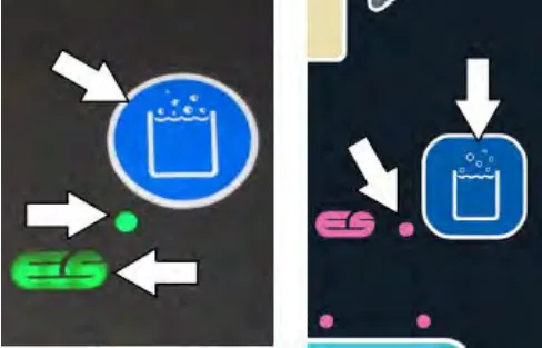 Two standard panel versions of the ES button with arrows pointing at the ES button and its light