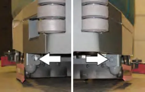 Two views of the front stabilizers with arrows showing where to connect the tie-down straps on the right and left