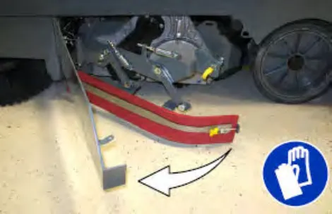 Main brush access door and side squeegee support door opened, with an arrow showing the direction, plus glove symbol