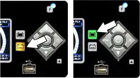 Two views of the EnerSys charger: arrow pointing to the lit yellow charging indicator, and arrow pointing to the lit green charge complete indicator