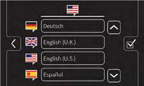 Language screen with a list including Deutsch, English (U.K.), English (U.S.) and Español, with up, down, back and select buttons