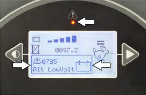 Standard panel with a lit red fault indicator light and the display showing fault code 07B5 Alt LowVolt, with arrows at the light, the code and the battery icon