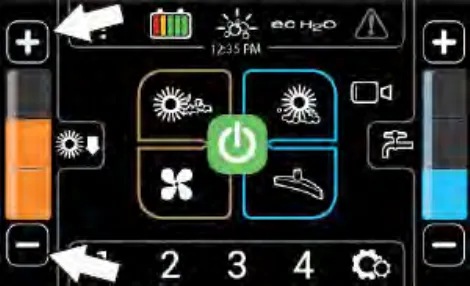 Pro-Panel home screen with arrows pointing to the brush pressure increase (+) and decrease (-) buttons
