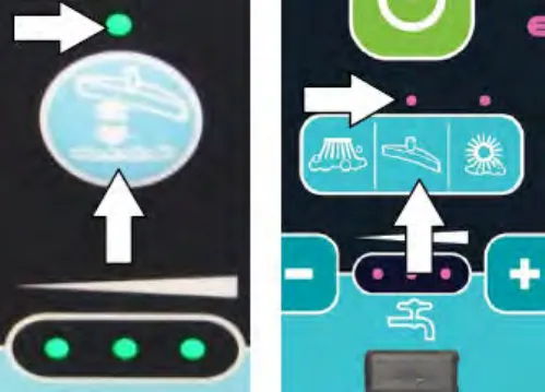 Vacuum fans / squeegee button with arrows pointing at its indicator light and the button, on two panel types