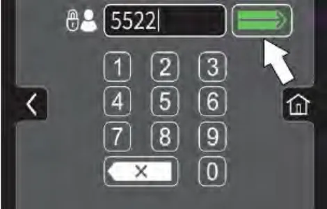 Login keypad with 5522 entered and an arrow pointing to the enter button