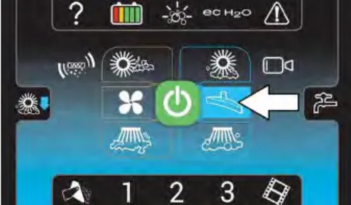 Pro-Panel with an arrow pointing at the scrubbing vacuum fan / squeegee button