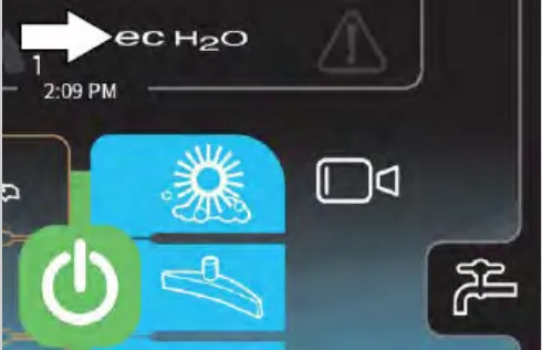 Pro-Panel with an arrow pointing at the ec-H2O button at the top, shown without a slash because the system is on