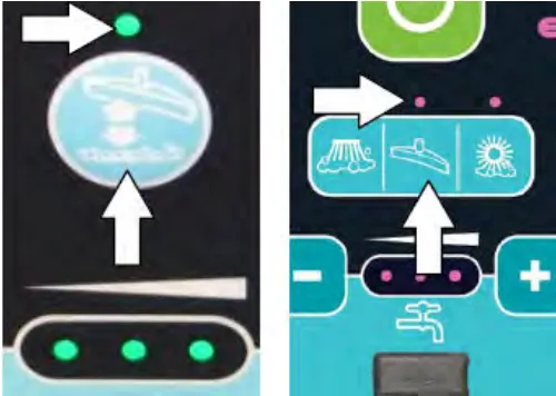Standard panel vacuum fan / squeegee button on two panel types with arrows pointing at the indicator light and the button