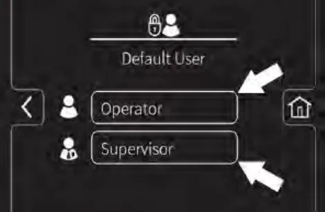 Default User screen with arrows pointing to the Operator and Supervisor buttons