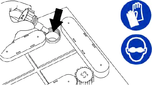 Drawing of a battery cell with an arrow pointing to the fill cap, plus glove and eye protection symbols