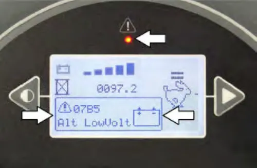 Standard panel with a lit red fault indicator light and the display showing fault code 07B5 Alt LowVolt, with arrows pointing at the light, the code and the battery icon