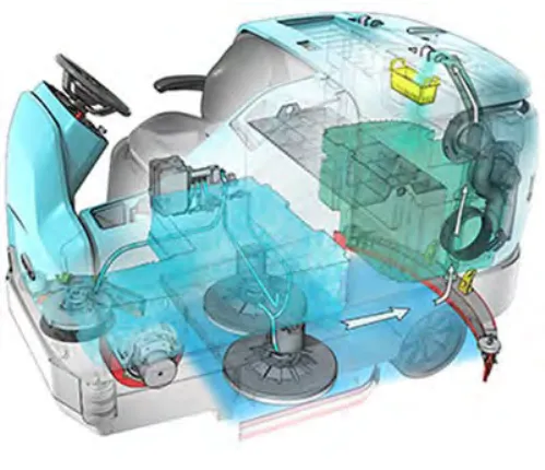 Cutaway drawing of the T17 with disk brushes, showing the solution path through the tanks, disk brushes and squeegee