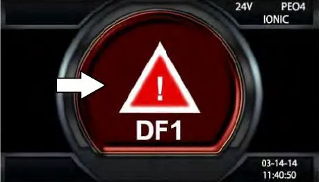 EnerSys charger display showing a DF1 fault, with an arrow pointing to the fault screen