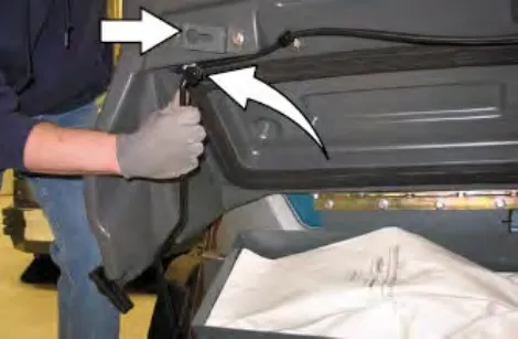 Hands lifting the Pre-Sweep cover and engaging the cover support, with arrows