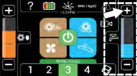 Pro-Panel touchscreen with an arrow pointing to the solution increase (+) button