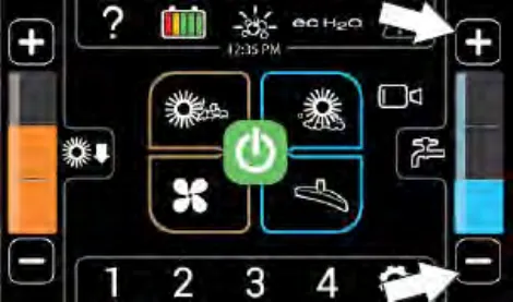 Pro-Panel home screen with arrows pointing to the solution increase (+) and decrease (-) buttons