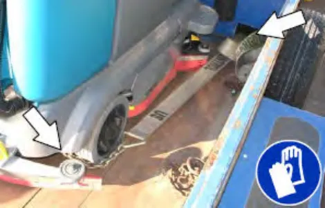 Tie-down straps hooked to the rear jacking brackets on the truck bed, with arrows, plus glove symbol