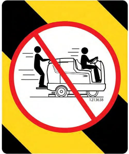 Yellow and black warning label showing a rider machine with a person standing on the rear and a red prohibition circle over it
