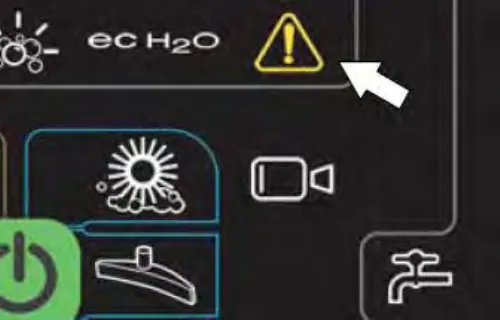 Pro-Panel with an arrow pointing at the yellow fault / alert indicator button at the top right