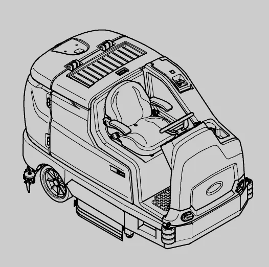 Line drawing of the Tennant T17 battery rider scrubber seen from the front left, with operator seat and steering wheel
