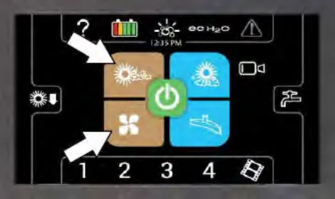 Pro-Panel touchscreen with arrows pointing to the Pre-Sweep brush button and the Pre-Sweep Vacuum button