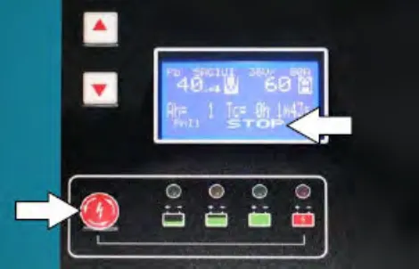 Charger display showing STOP, with arrows pointing to the stop / start / enter button and the display