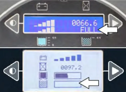 Standard panel displays with arrows pointing at FULL and the recovery tank indicator