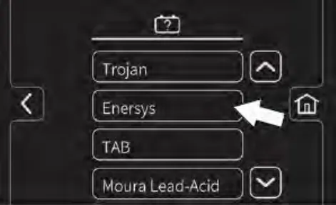 Battery list with Trojan, Enersys, TAB and Moura Lead-Acid, and an arrow pointing to Enersys