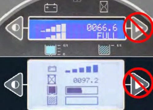 Standard panel displays with a red prohibition circle over the configuration mode button