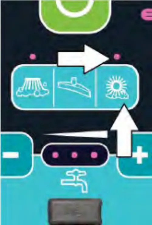 Close view of the scrubbing main brush button with arrows pointing at its indicator light and at the button