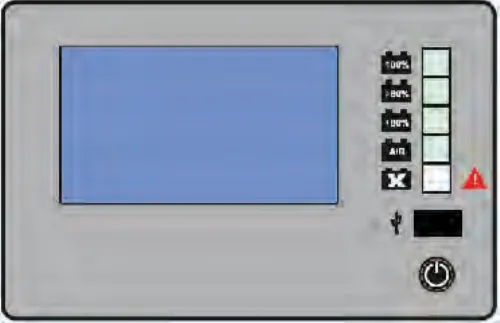 Triathlon battery charger front panel with a display, a column of five status lights, a fault symbol and a power button