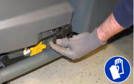 Hand loosening a Pre-Sweep cover latch, plus glove symbol
