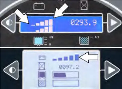 Two standard panel displays with arrows pointing to the battery discharge bars