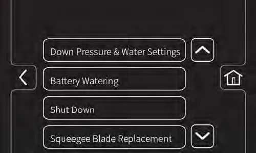 Video list screen showing Down Pressure and Water Settings, Battery Watering, Shut Down and Squeegee Blade Replacement