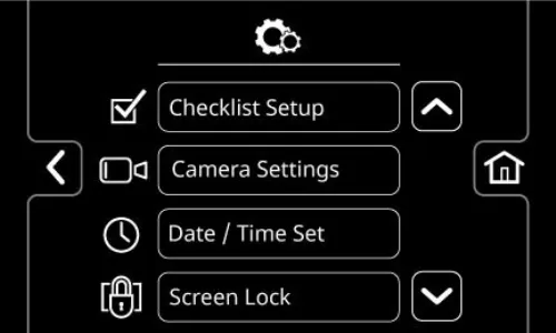 Supervisor settings menu showing Checklist Setup, Camera Settings, Date / Time Set and Screen Lock