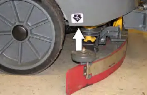 Rear jacking point above the rear squeegee wheel, with an arrow pointing up to the jacking point label