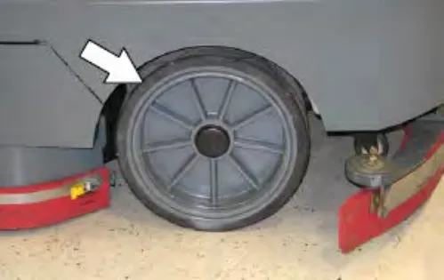 Front tire with an arrow pointing to the tire tread