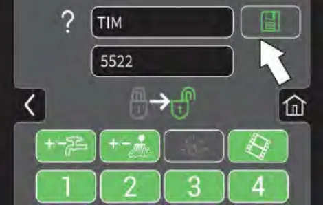 New profile screen with name TIM and number 5522, green unlocked controls, a gray locked control and an arrow pointing to the flashing save button