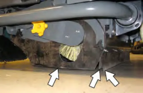 Pre-Sweep assembly with arrows pointing to the skirts around the main brush